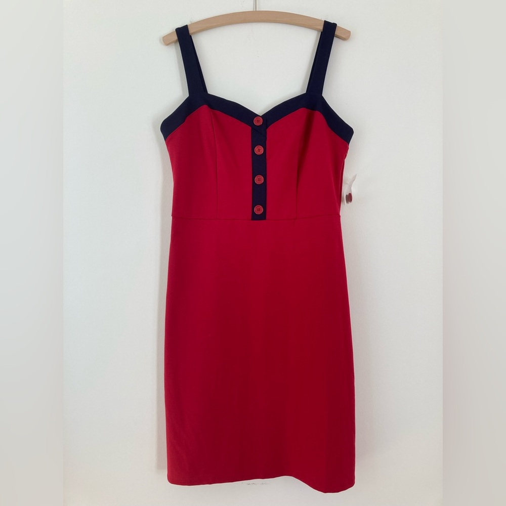 New Modcloth red and navy retro a-line knit halter midi dress size L NWT